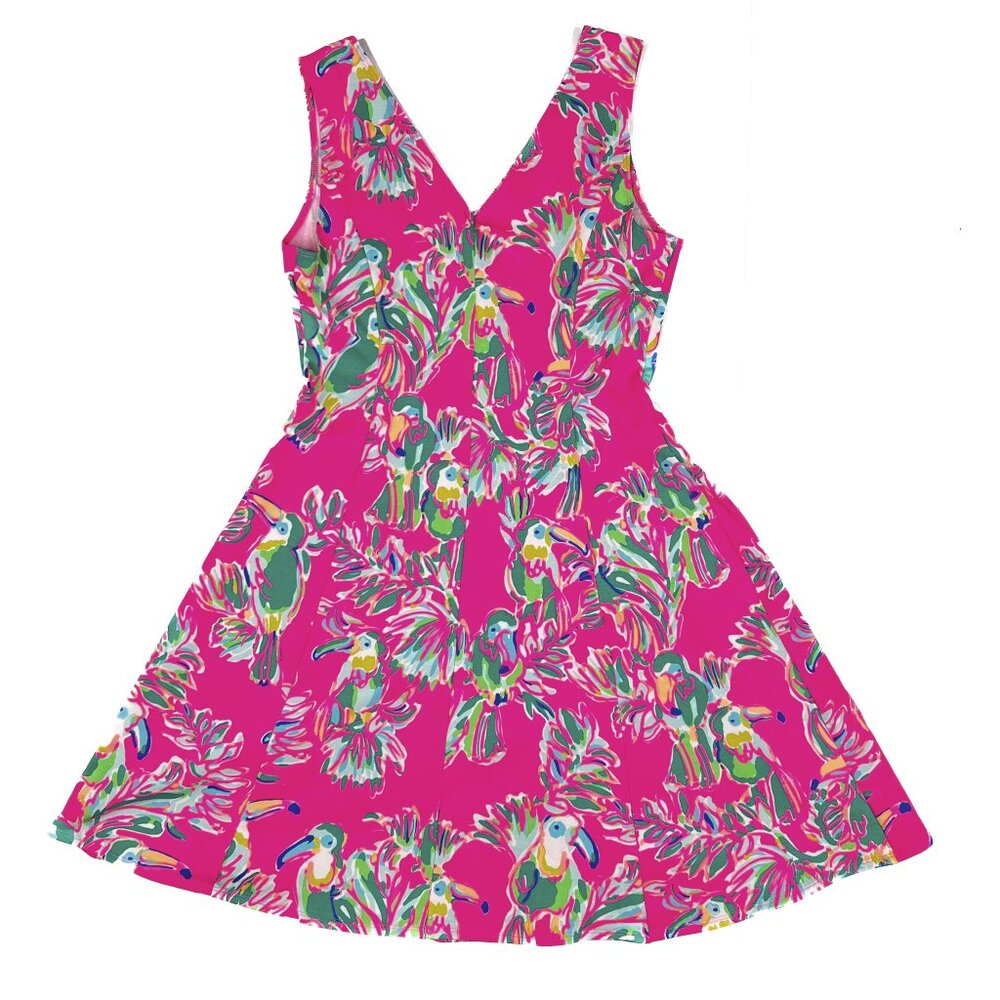 Lilly Pulitzer Dahlia Fit & Flare Dragonfruit Tropical Toucan Dress Sz XS - NWOT - Picture 3 of 8